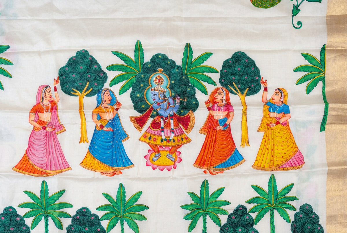 Hand-painted Pichwai Shrinathji Kerala pure tassar silk Designer Saree