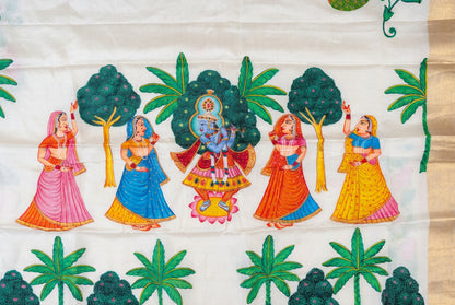 Hand-painted Pichwai Shrinathji Kerala pure tassar silk Designer Saree