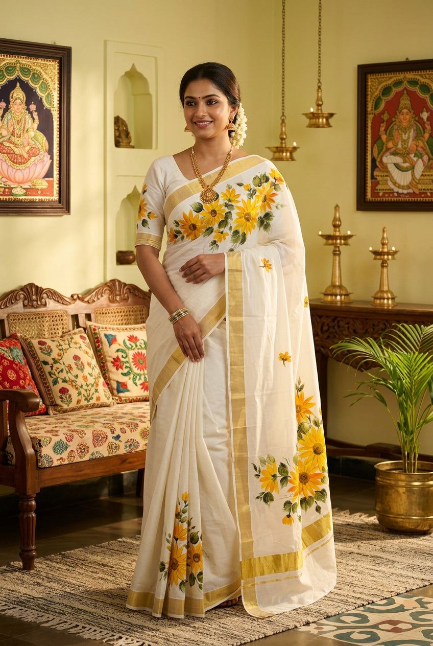 Kerala Cotton Saree Summer Sunflowers