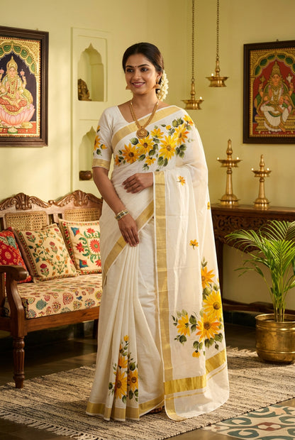 Kerala Cotton Saree Summer Sunflowers