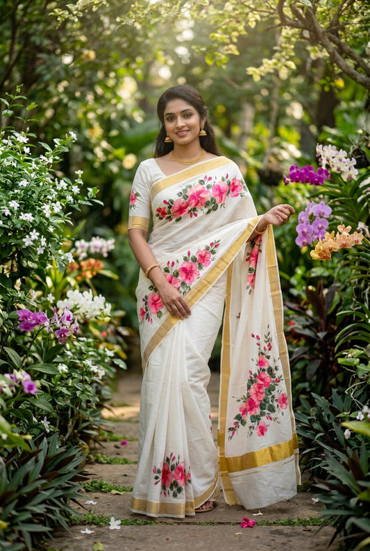 Kerala Cotton Saree Pink Hibiscus