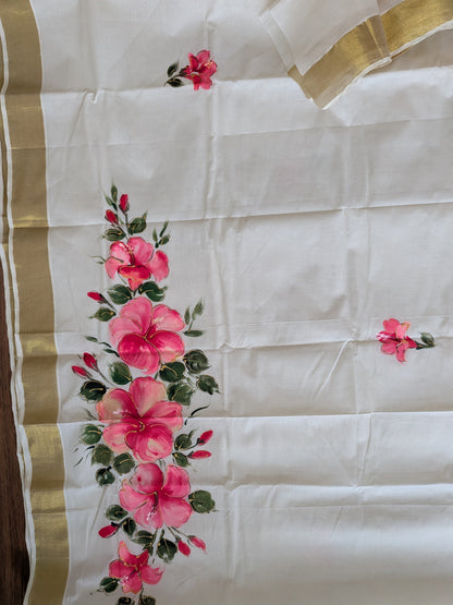 Kerala Cotton Saree Pink Hibiscus