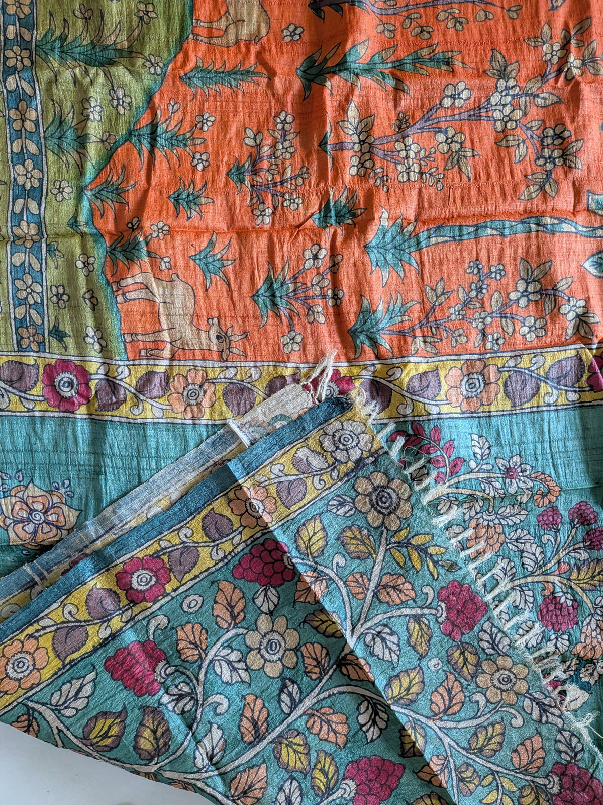 Hand-painted Kalamkari Saree in Tassar silk - Tree of Life
