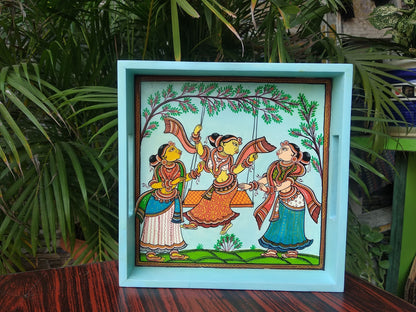 Hand Painted Wood Serving Tray in Pattachitra folk art - Colours -Yellow, Orange & Blue.