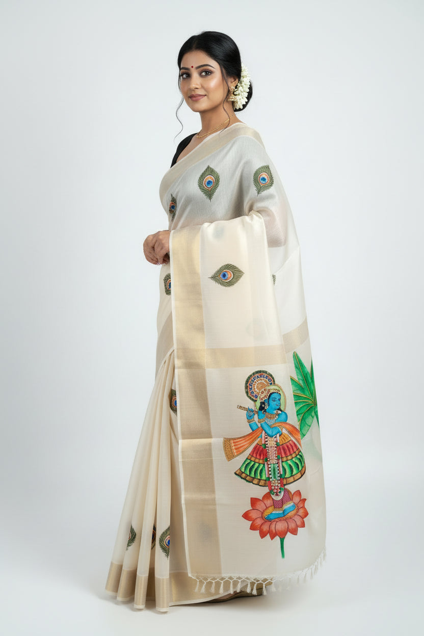 Pure Tassar Silk Pichwai Saree - Krishna Playing Flute on Lotus