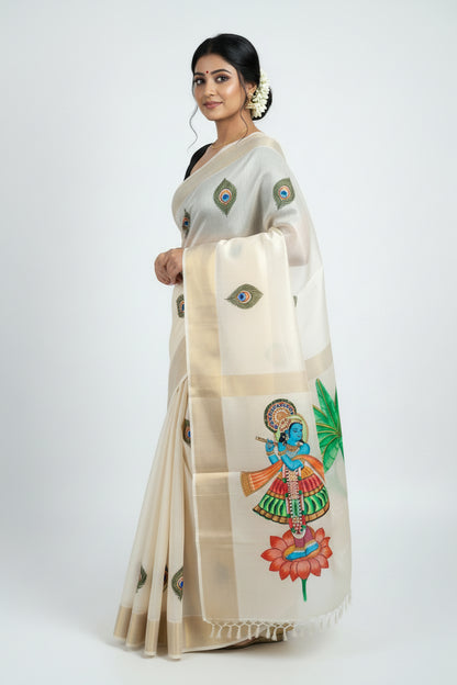 Pure Tassar Silk Pichwai Saree - Krishna Playing Flute on Lotus