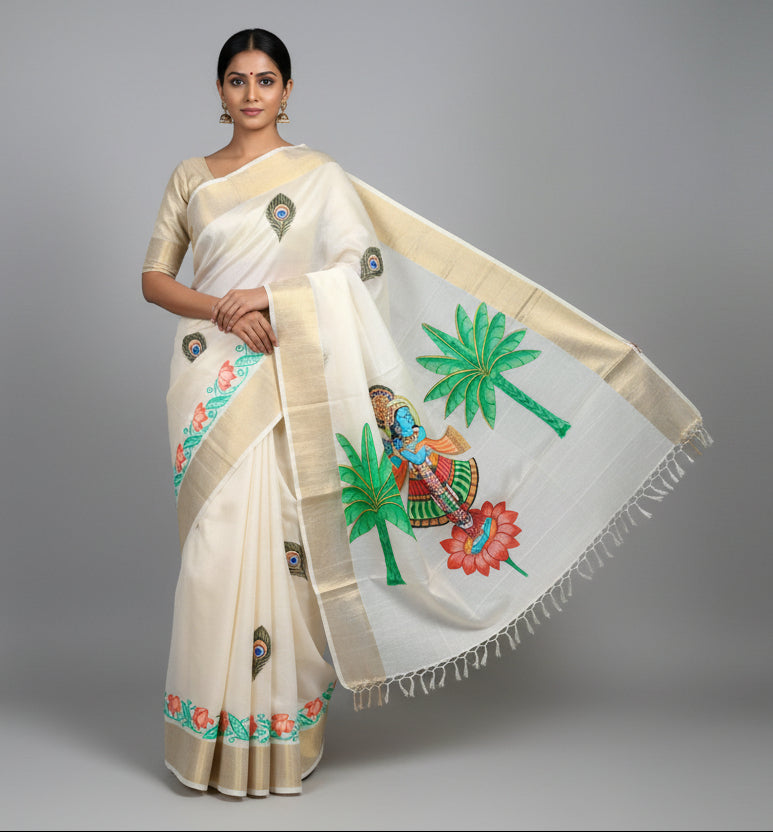 Pure Tassar Silk Pichwai Saree - Krishna Playing Flute on Lotus