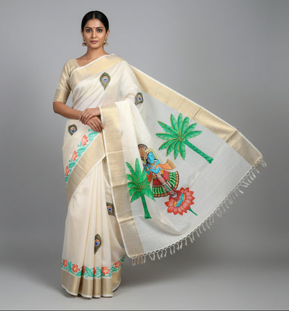Pure Tassar Silk Pichwai Saree - Krishna Playing Flute on Lotus