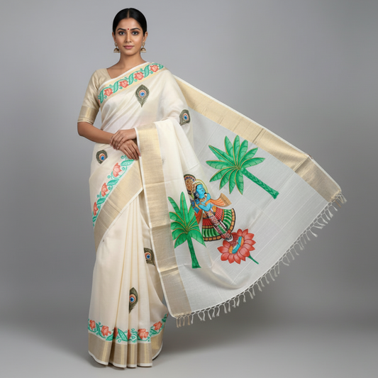 Pure Tassar Silk Pichwai Saree - Krishna Playing Flute on Lotus