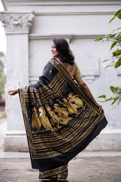 Mulberry Silk Krishna Leela Hand- Painted Silk Cotton Designer Saree