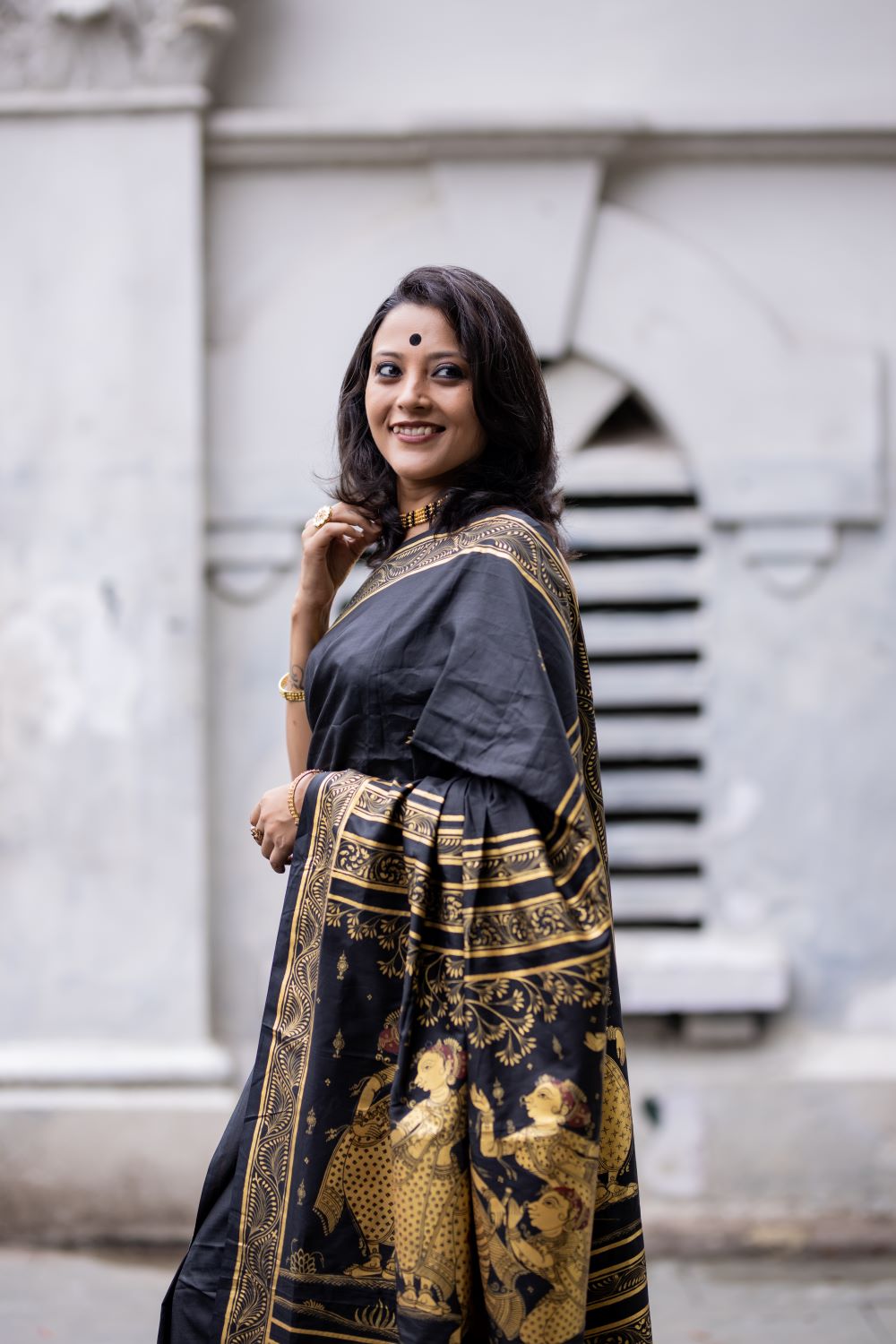 Mulberry Silk Krishna Leela Hand- Painted Silk Cotton Designer Saree