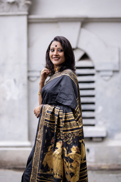 Mulberry Silk Krishna Leela Hand- Painted Silk Cotton Designer Saree