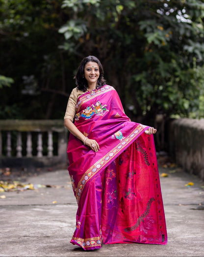 Dual Color Mulberry Silk Krishna Leela Hand- Painted Designer Saree