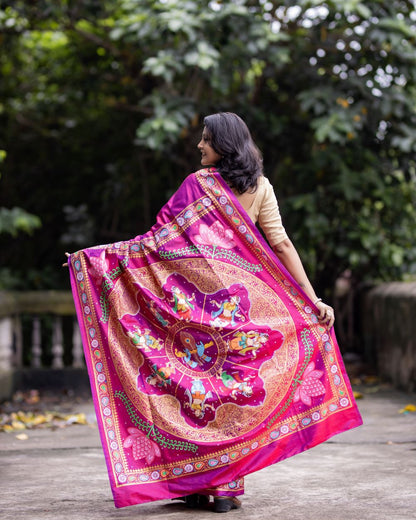 Dual Color Mulberry Silk Krishna Leela Hand- Painted Designer Saree