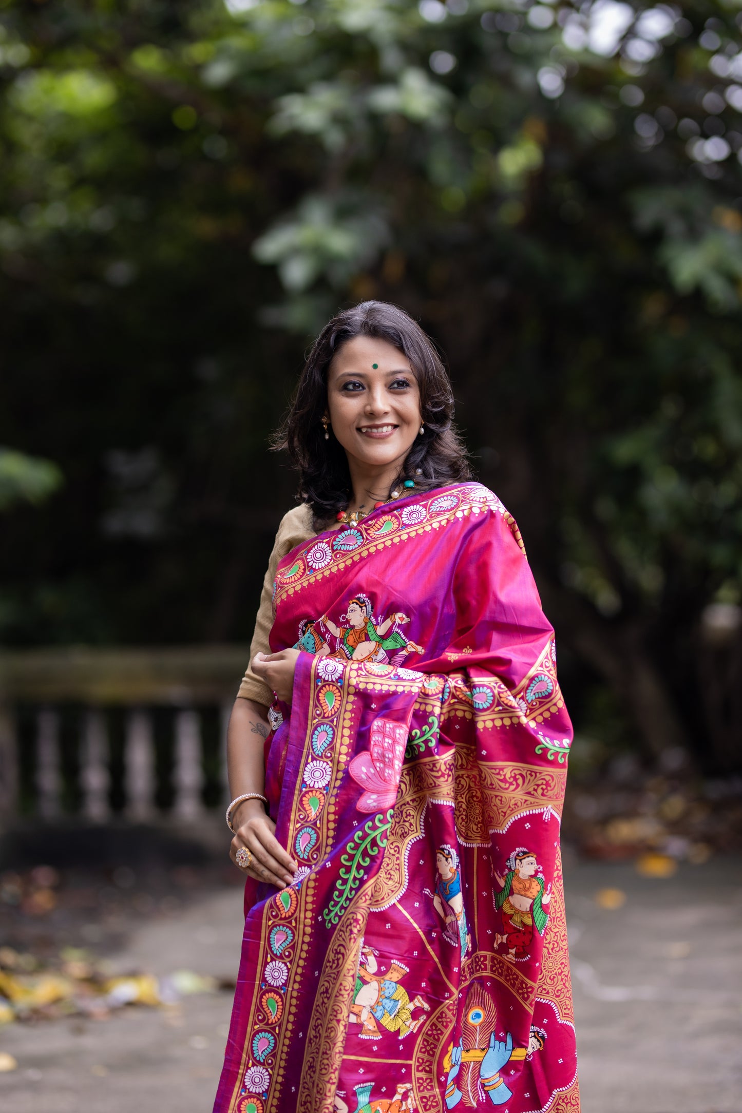 Dual Color Mulberry Silk Krishna Leela Hand- Painted Designer Saree