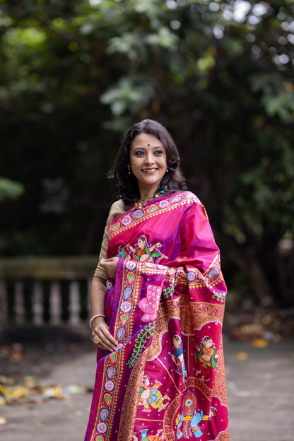 Dual Color Mulberry Silk Krishna Leela Hand- Painted Designer Saree