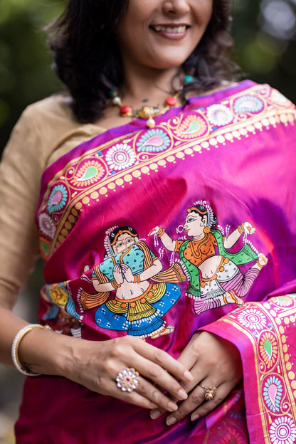 Dual Color Mulberry Silk Krishna Leela Hand- Painted Designer Saree