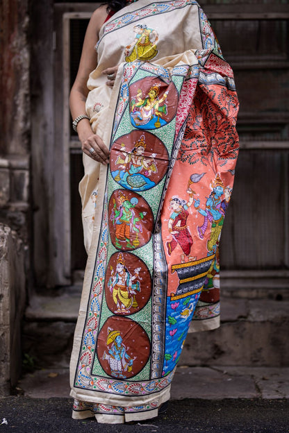 Hand painted Designer Patachitra saree - Vishnu Dashavtaar in desi tassar silk