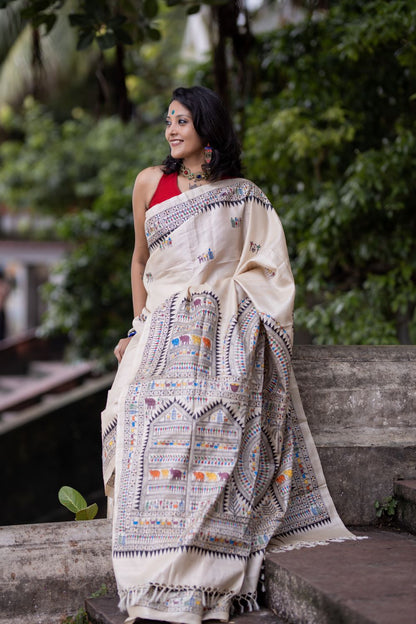 Special Desi Tassar Saura Tribal Themed Handpainted saree with blouse