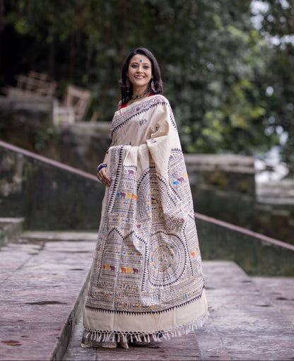 Special Desi Tassar Saura Tribal Themed Handpainted saree with blouse