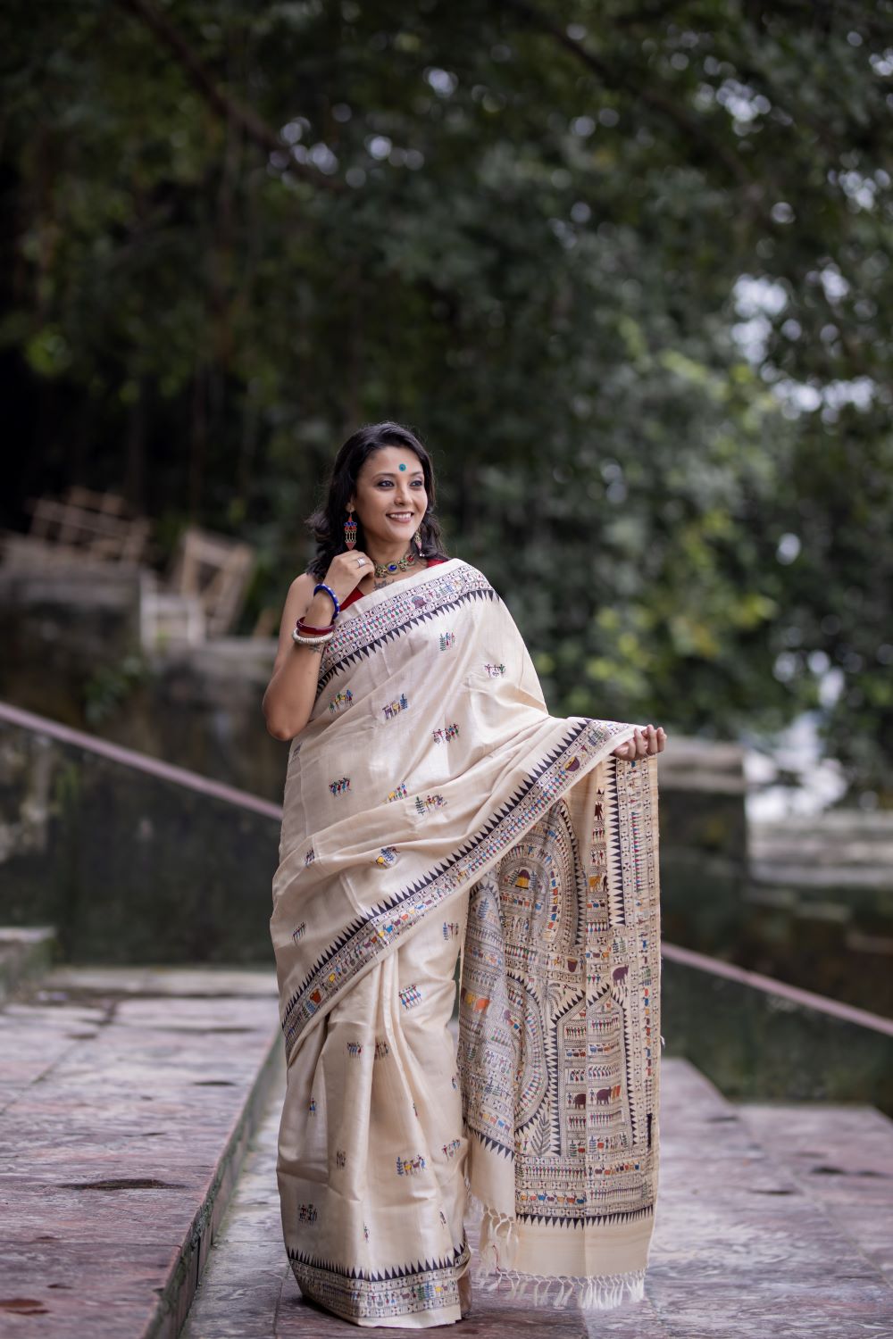 Special Desi Tassar Saura Tribal Themed Handpainted saree with blouse