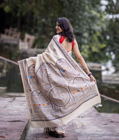 Special Desi Tassar Saura Tribal Themed Handpainted saree with blouse