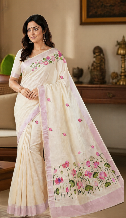 Kerala Cotton Saree Mauve Lotuses