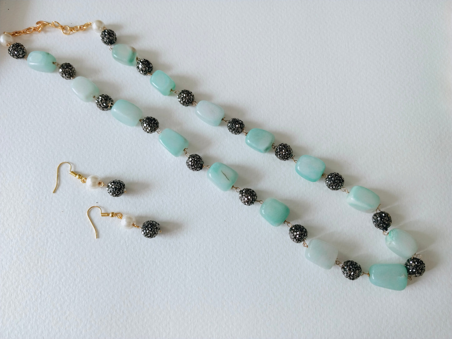 Stone Beads Necklace with Earrings - Sky Blue