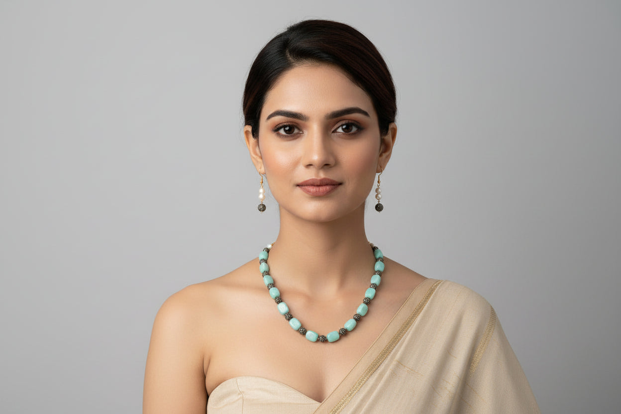 Stone Beads Necklace with Earrings - Sky Blue