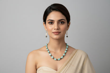 Stone Beads Necklace with Earrings - Sky Blue