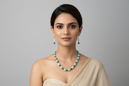 Stone Beads Necklace with Earrings - Sky Blue