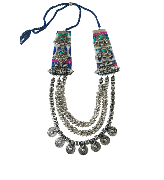 Advaita Handicrafts-Long Fabric Necklace with Oxidized Beads.