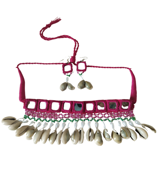 Advaita Handicrafts-Pink Fabric Choker Navratri Necklace Set with Mirror & Shell Accents.