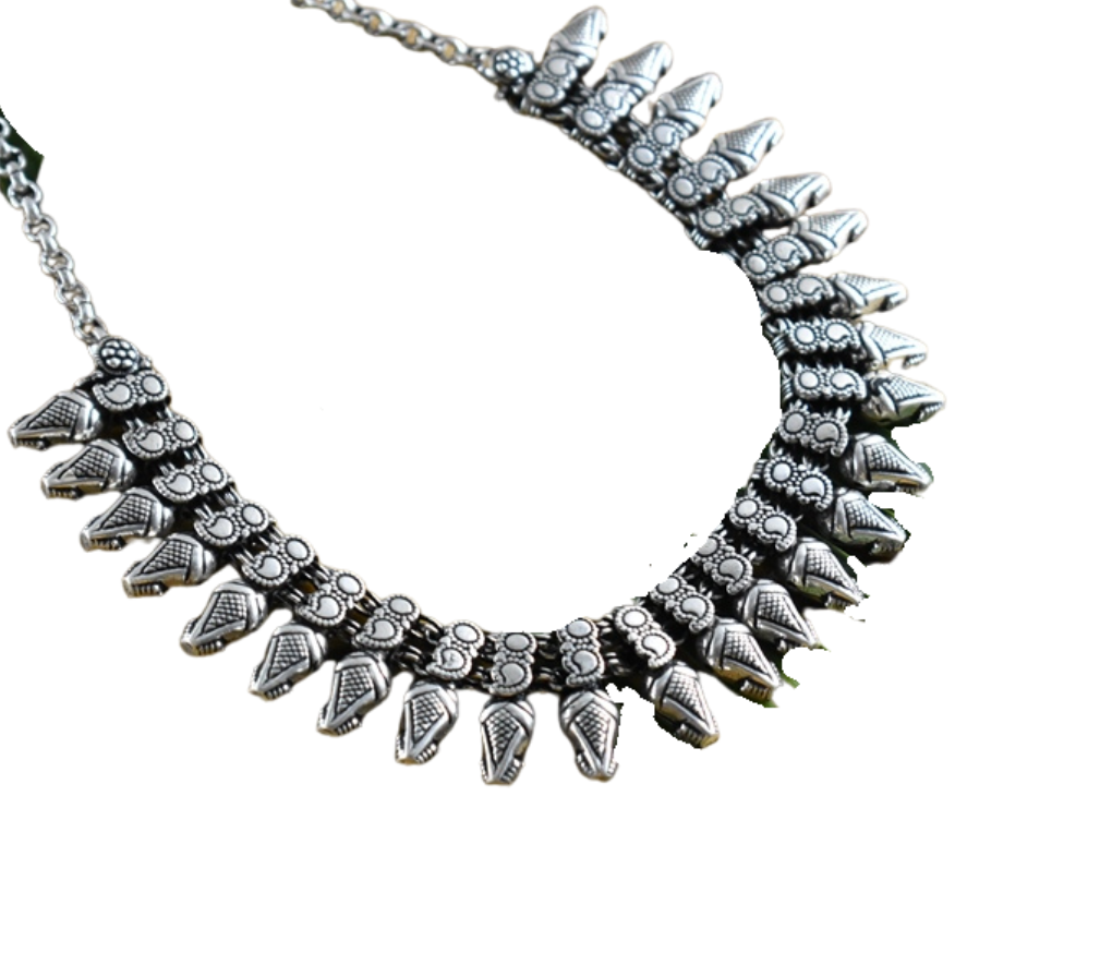 Oxidized German Silver Statement Choker with Teardrop Pendants Motifs