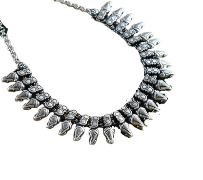 Oxidized German Silver Statement Choker with Teardrop Pendants Motifs