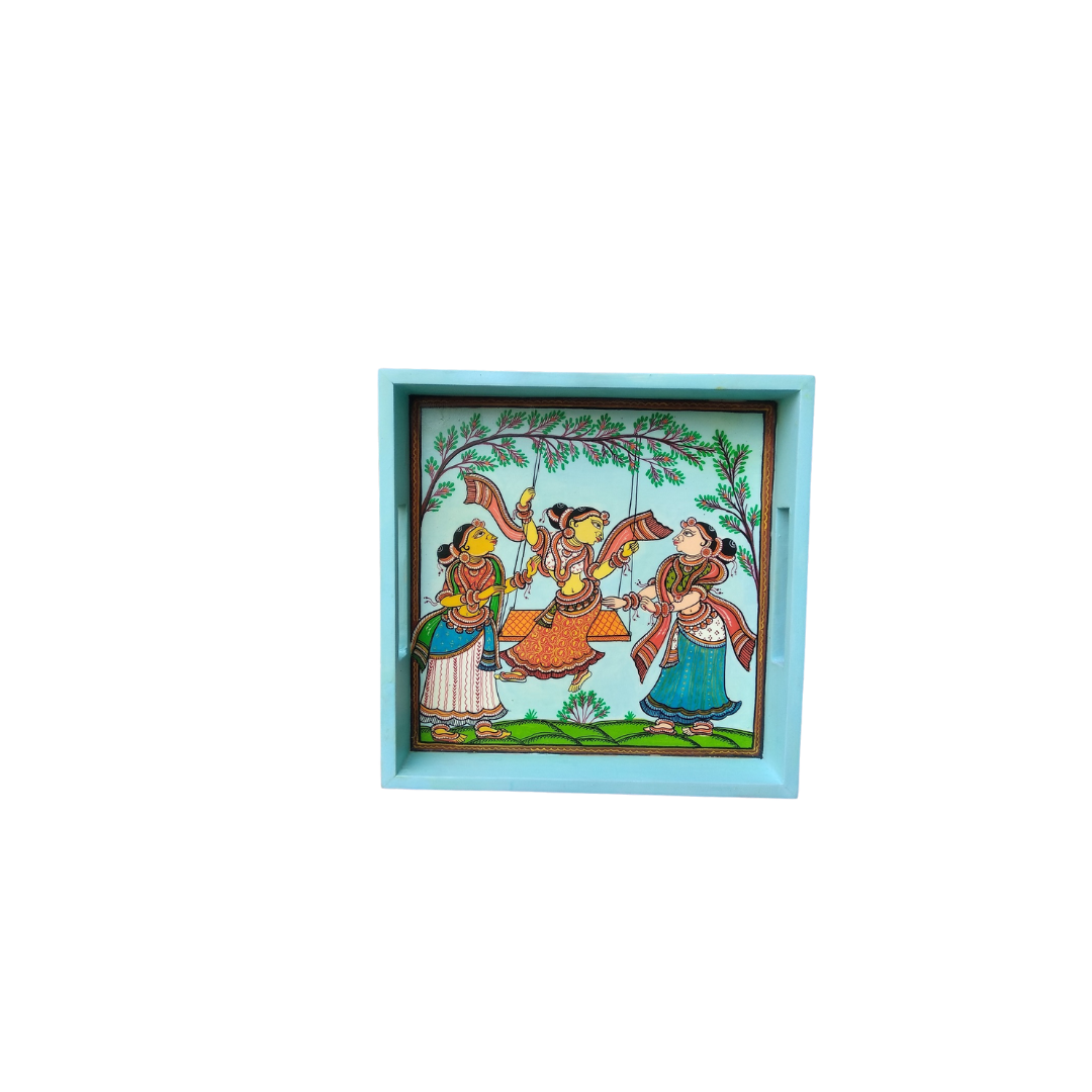 Hand Painted Wood Serving Tray in Pattachitra folk art - Colours -Yellow, Orange & Blue.