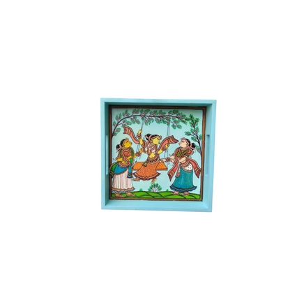 Hand Painted Wood Serving Tray in Pattachitra folk art - Colours -Yellow, Orange & Blue.