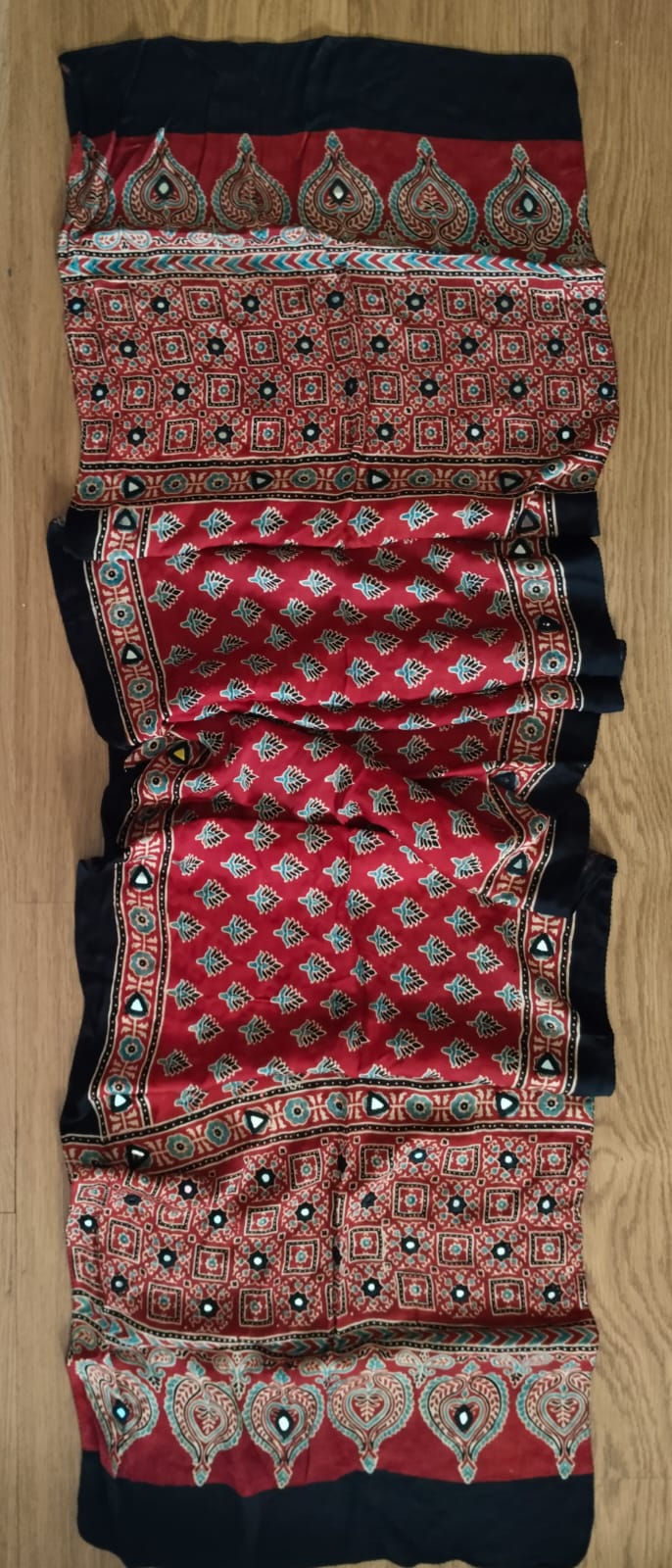 Handcrafted Ajrakh Modal Silk Stole with Shisha Mirror Work - Red