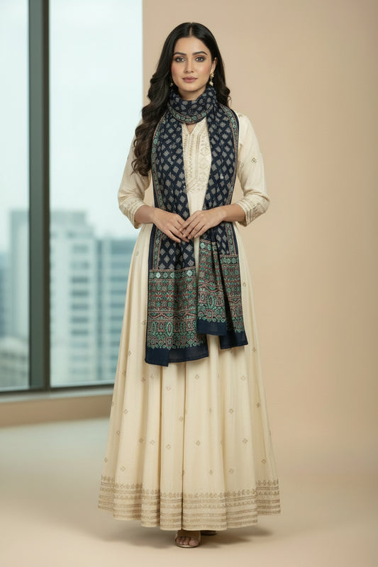 Hand block printed Navy Blue Hand Mirror Work Ajrakh Modal Silk Stole