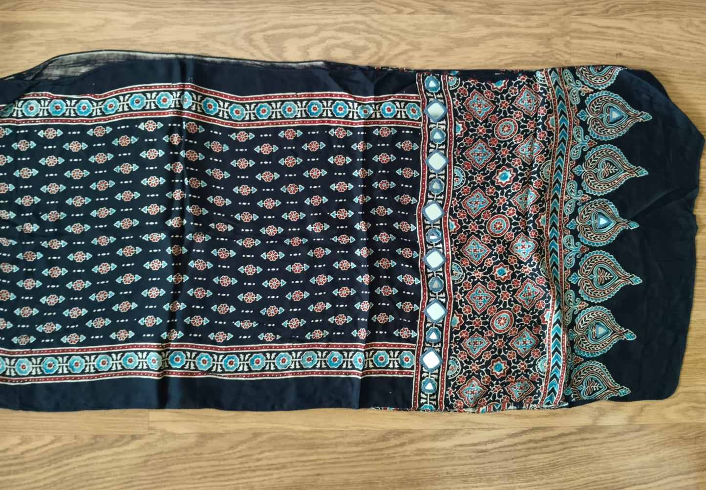 Hand block printed Navy Blue Hand Mirror Work Ajrakh Modal Silk Stole