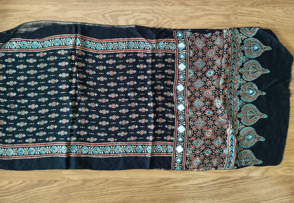 Hand block printed Navy Blue Hand Mirror Work Ajrakh Modal Silk Stole