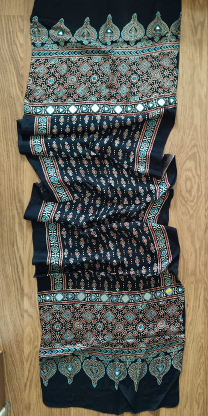 Hand block printed Navy Blue Hand Mirror Work Ajrakh Modal Silk Stole