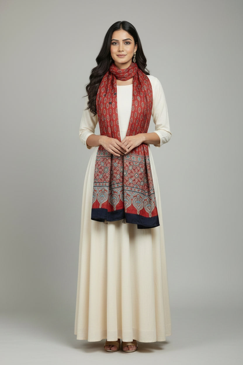 Red Hand Mirror Work Ajrakh Modal Silk Stole | Paisley & Geometric Traditional Stole
