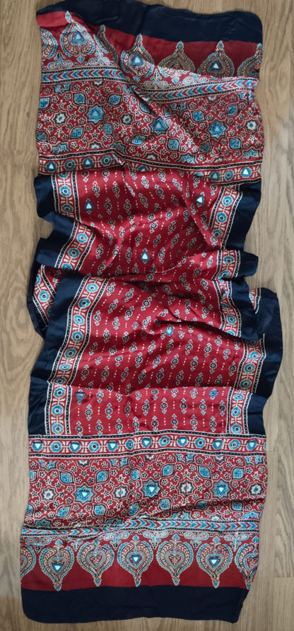 Red Hand Mirror Work Ajrakh Modal Silk Stole | Paisley & Geometric Traditional Stole