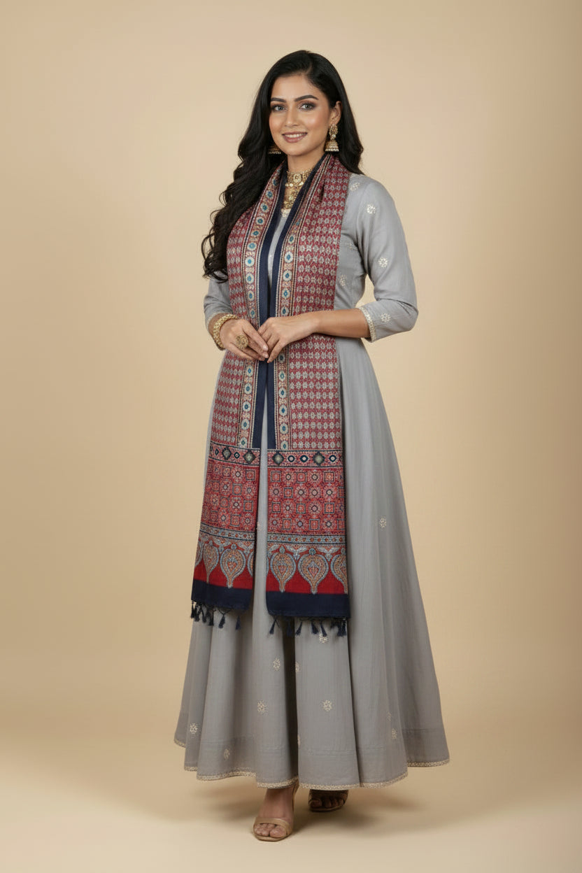 Red Hand Mirror Work Ajrakh Modal Silk Stole | Geometric & Paisley Traditional Dupatta