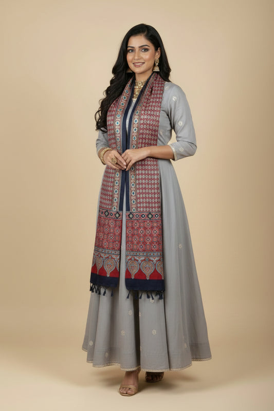 Red Hand Mirror Work Ajrakh Modal Silk Stole | Geometric & Paisley Traditional Dupatta
