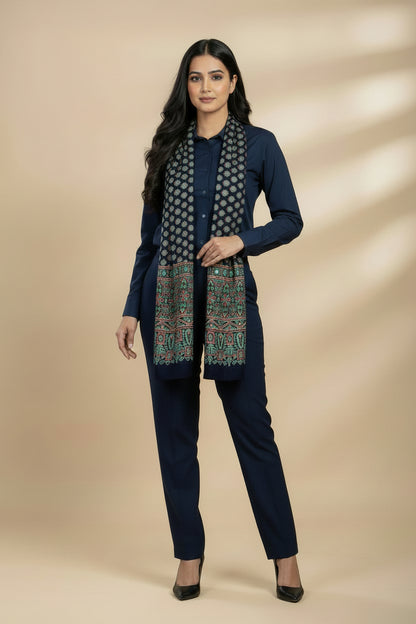 Navy Blue Hand Mirror Work Ajrakh Modal Silk Stole | Floral & Paisley Traditional Stole