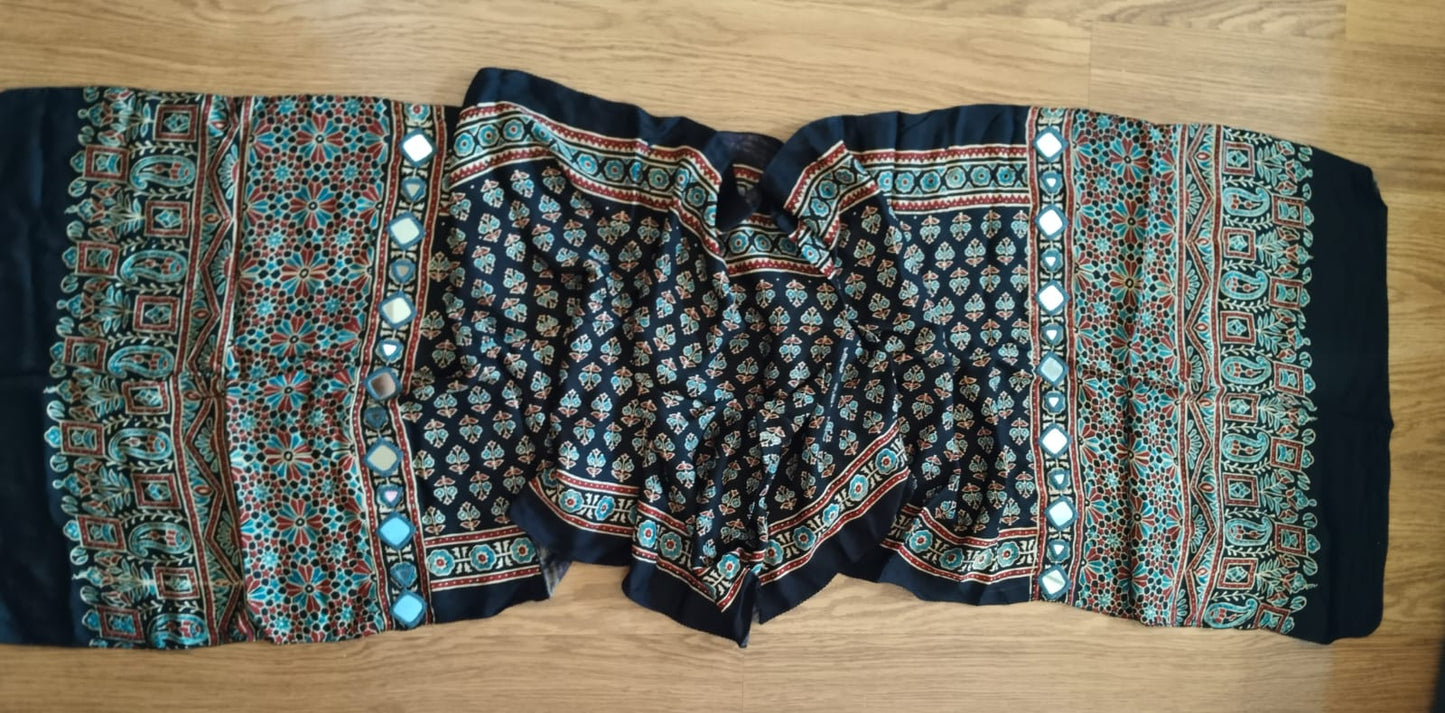 Navy Blue Hand Mirror Work Ajrakh Modal Silk Stole | Floral & Paisley Traditional Stole