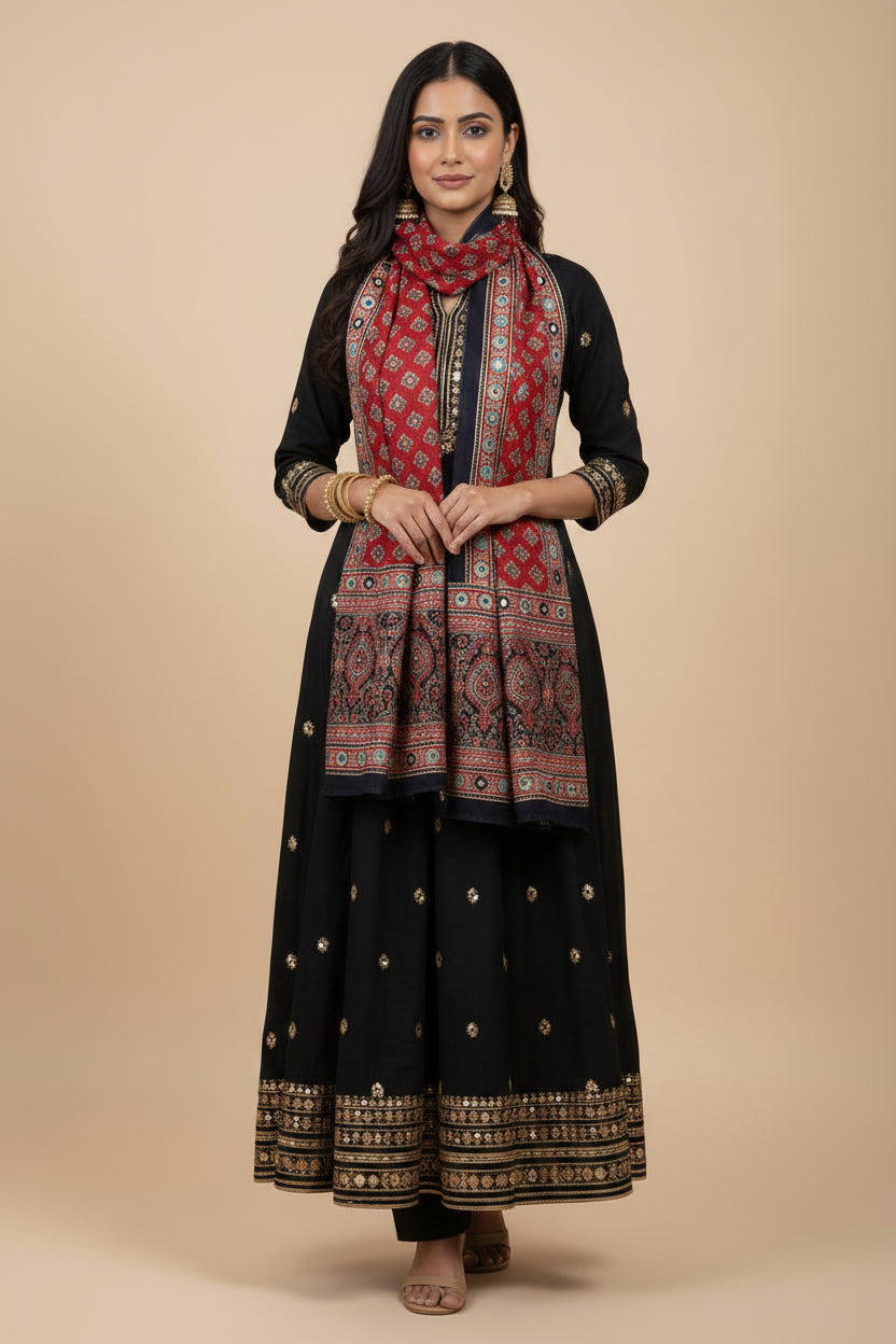 Handcrafted Ajrakh Modal Silk Stole with Shisha Mirror Work - Red