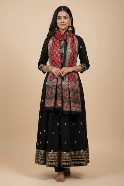 Handcrafted Ajrakh Modal Silk Stole with Shisha Mirror Work - Red
